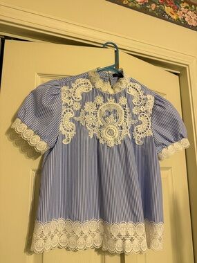 Forever 21 Blue & White Striped Lace Trim Blouse